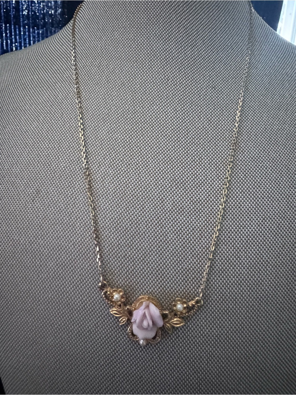 Delicate Pink Rose Pendant Necklace in Gold Tone